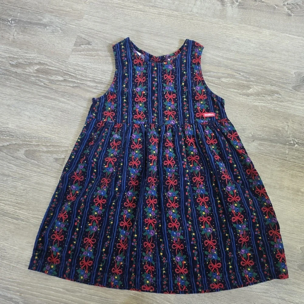 Vintage 1981 OshKosh B'gosh Corduroy Jumper Dress Girls 6X Bows Holiday USA Navy